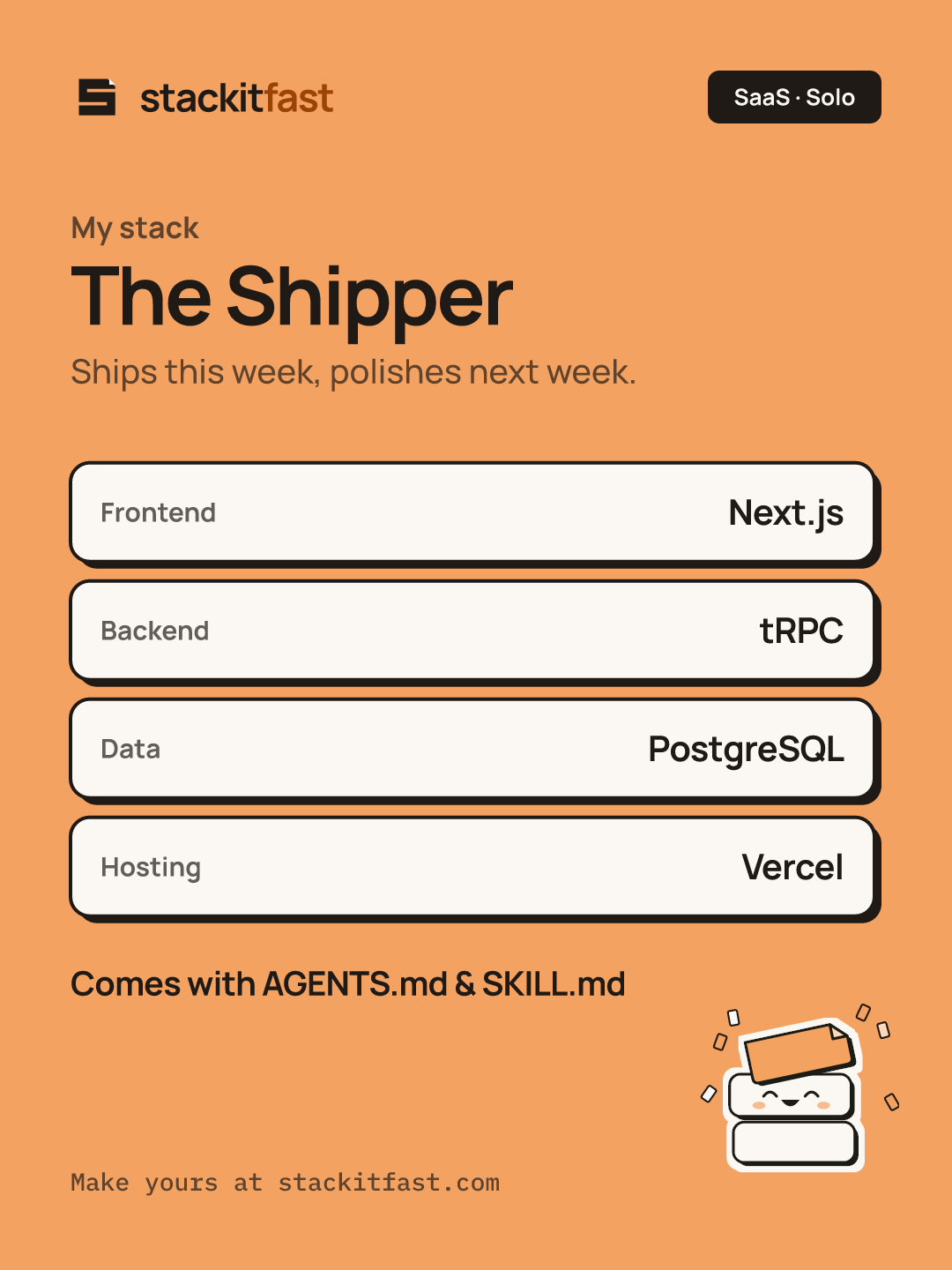 Stack card: The Shipper. Frontend Next.js, Backend tRPC, Data PostgreSQL, Hosting Vercel.