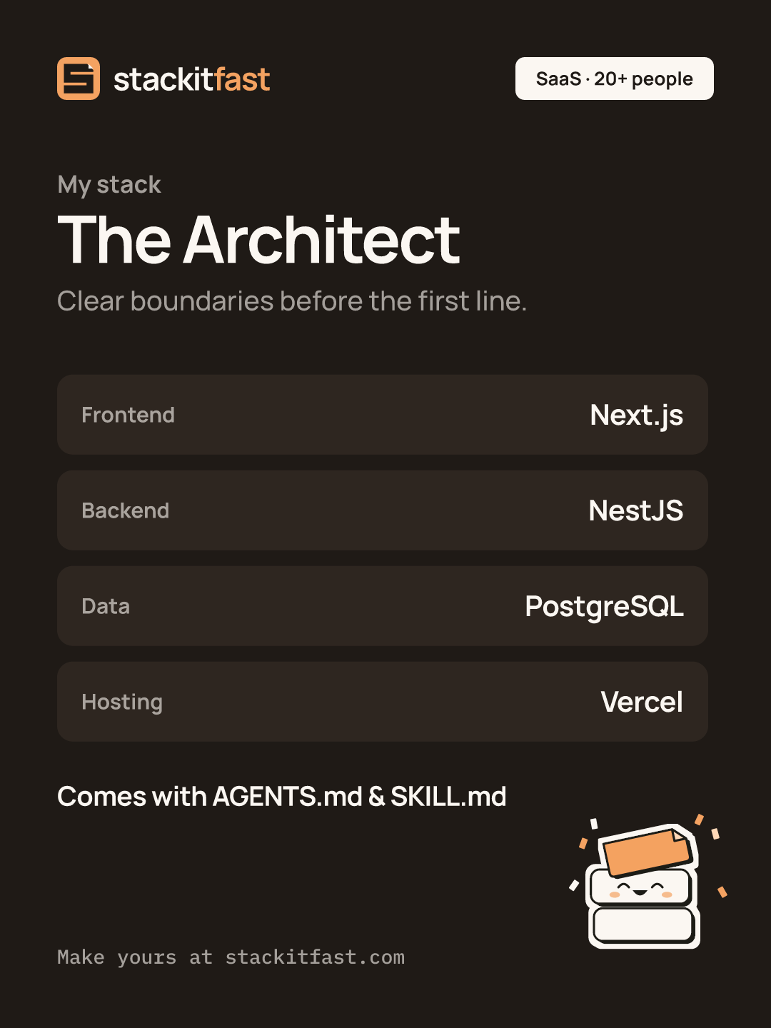 Stack card: The Architect. Frontend Next.js, Backend NestJS, Data PostgreSQL, Hosting Vercel.