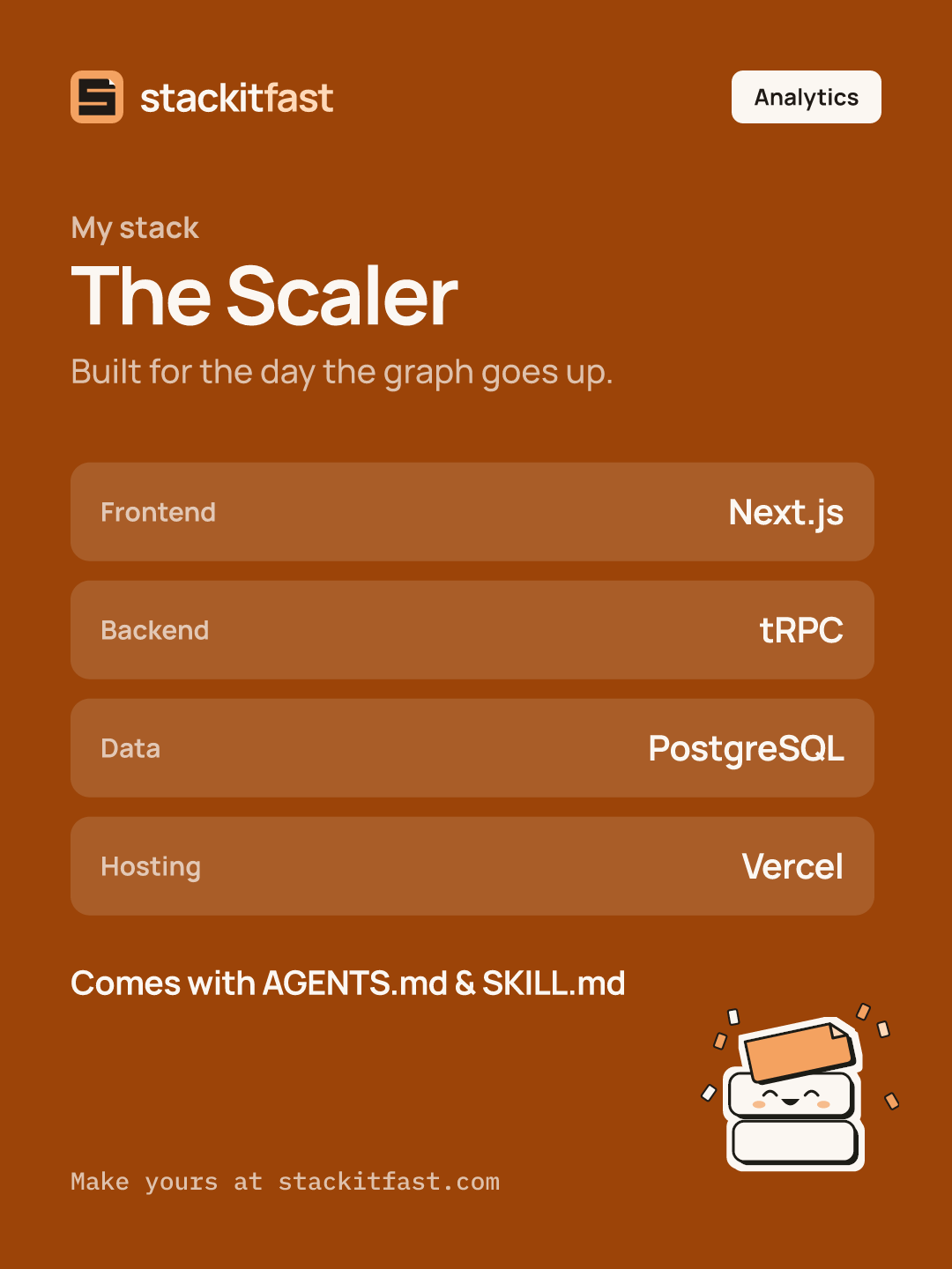 Stack card: The Scaler. Frontend Next.js, Backend tRPC, Data PostgreSQL, Hosting Vercel.